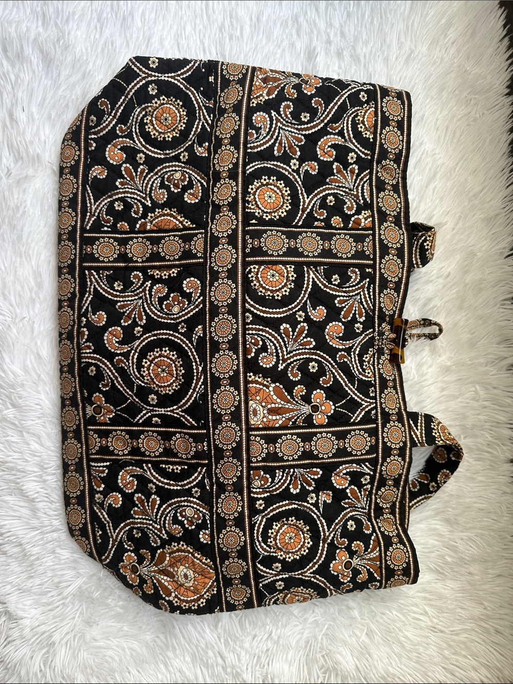 Vera Bradley Black Quilted Tote with Tan and Cream Floral Motif